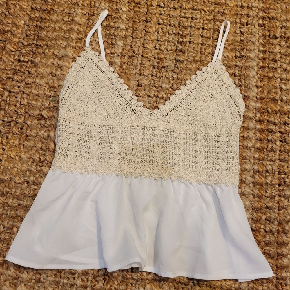 Trixxi Y2k Vintage Crochet Knit Lace Babydoll Tank Top Beachy Boho Cami Blouse